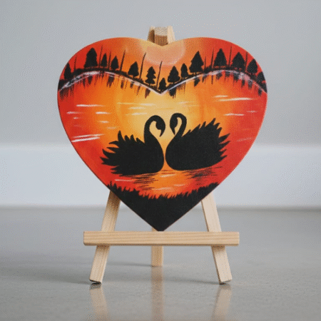 Heart-Shaped Sunset Swan Handmade Canvas Painting All Sizes Available